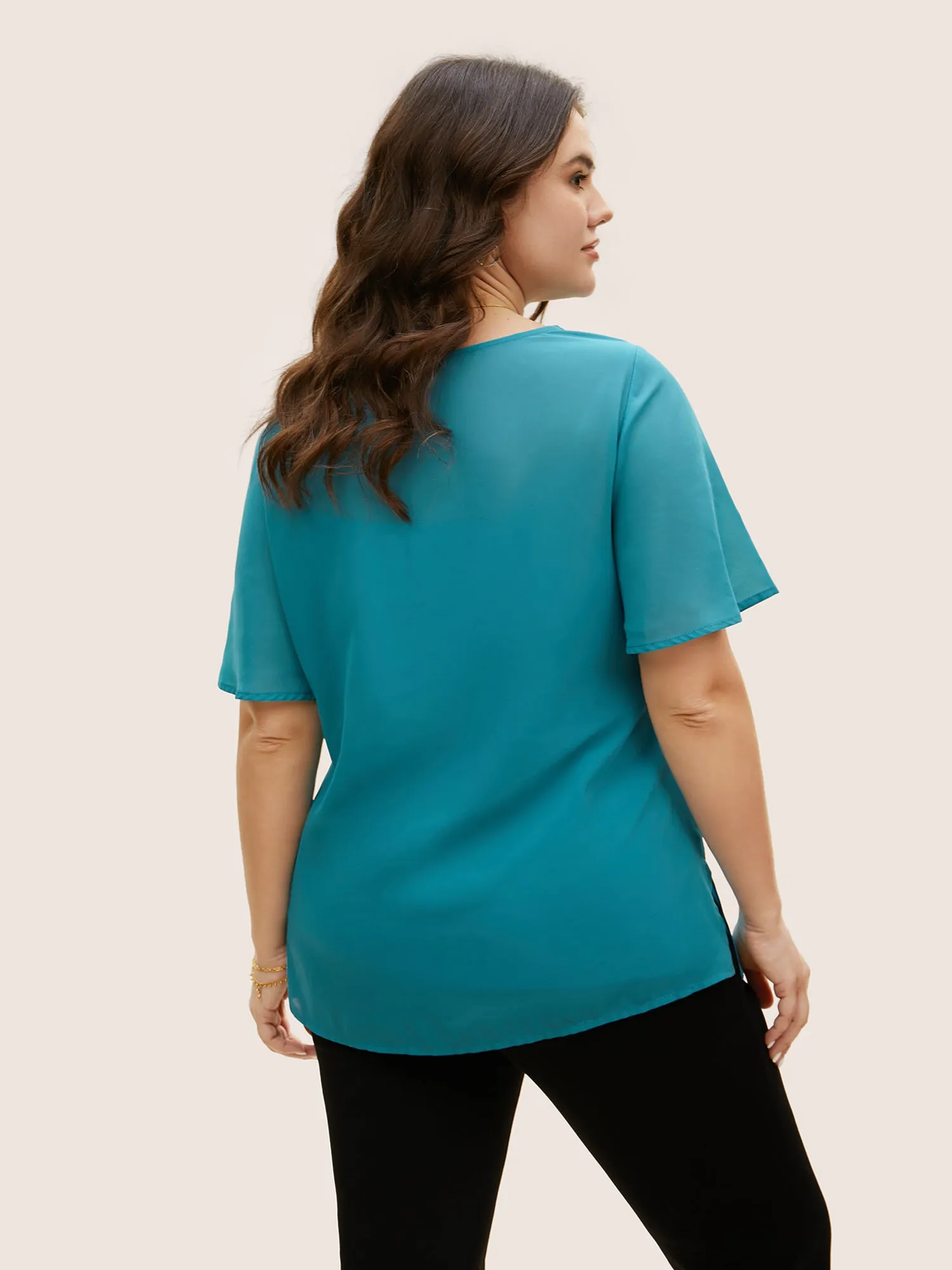 Cowl Neck Chiffon Mesh Flutter Sleeve Blouse sold by Bloomchic product image thumbnail 3