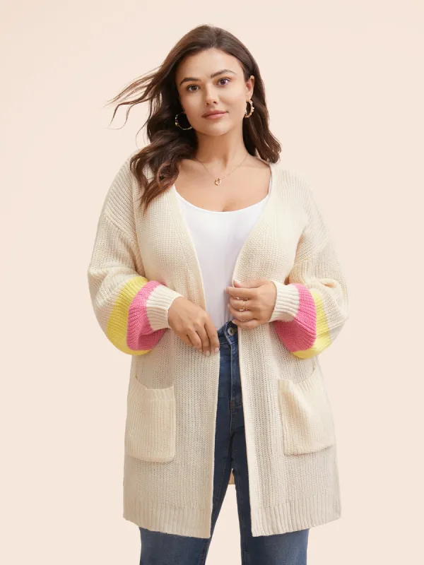 Colorblock Contrast Lantern Sleeve Pocket Cardigan sold by Bloomchic