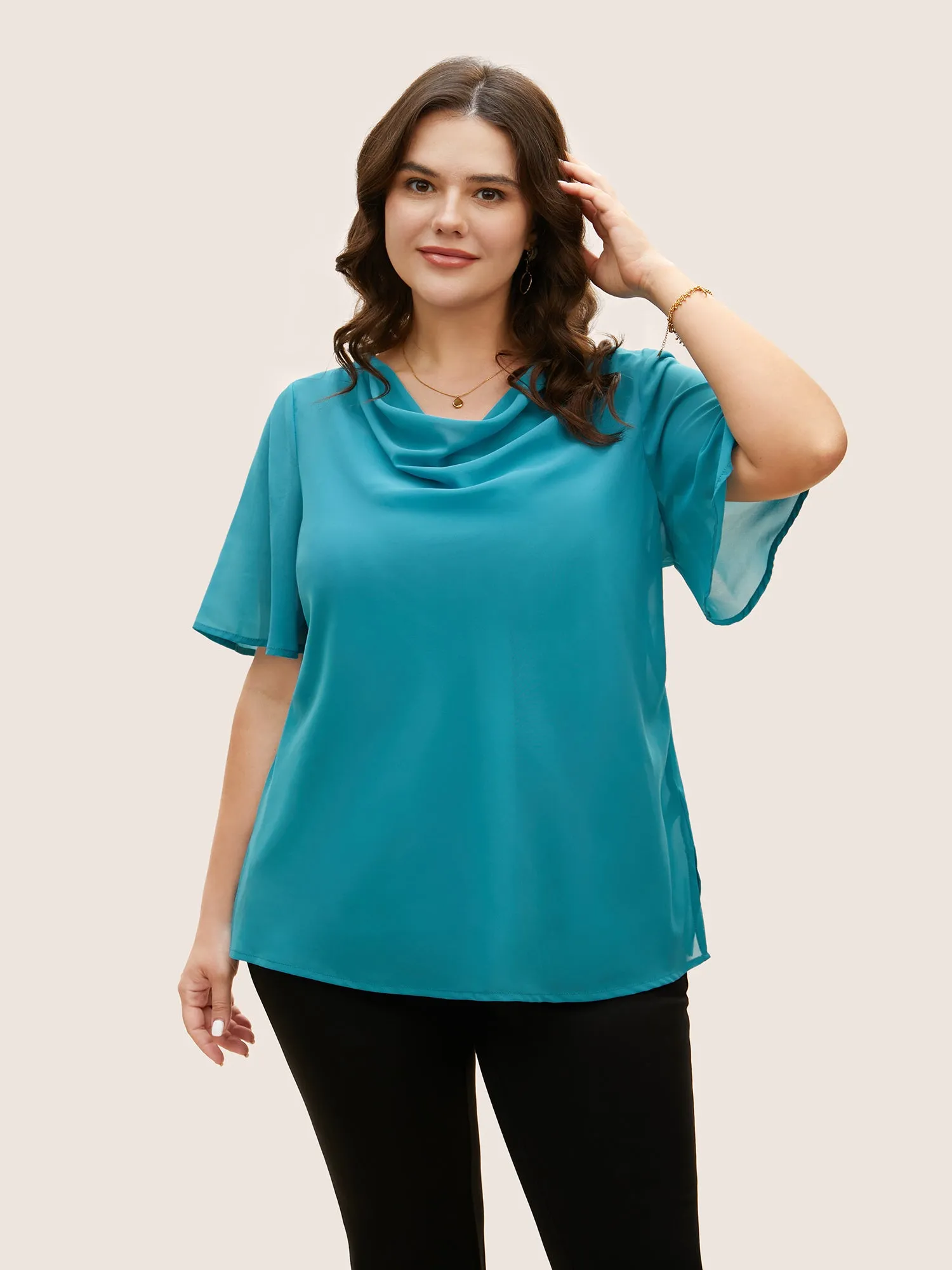 Cowl Neck Chiffon Mesh Flutter Sleeve Blouse sold by Bloomchic
