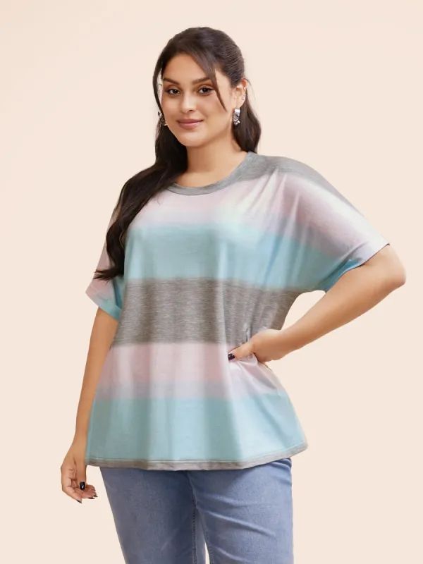 Striped Contrast Roll Dolman Sleeve T-shirt sold by Bloomchic