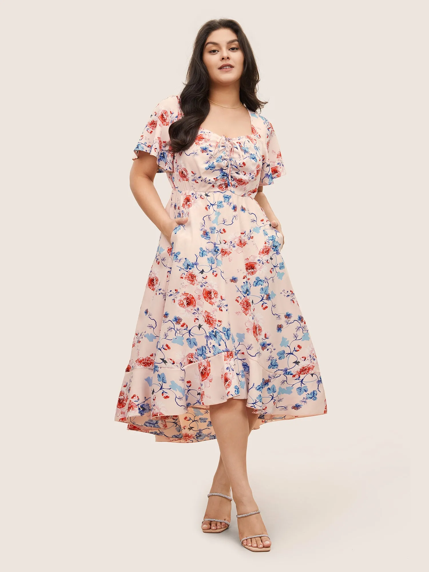 Square Neck Floral Print Gathered Drawstring Dress sold by Bloomchic