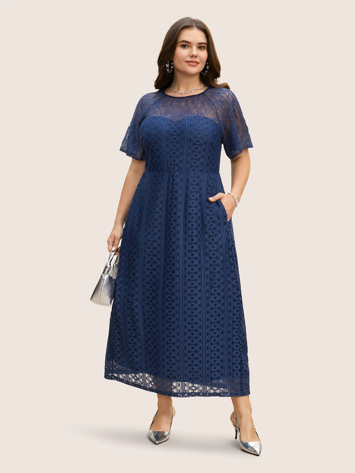 Crochet Lace Mesh Raglan Sleeve Maxi Dress sold by Bloomchic product image thumbnail 2