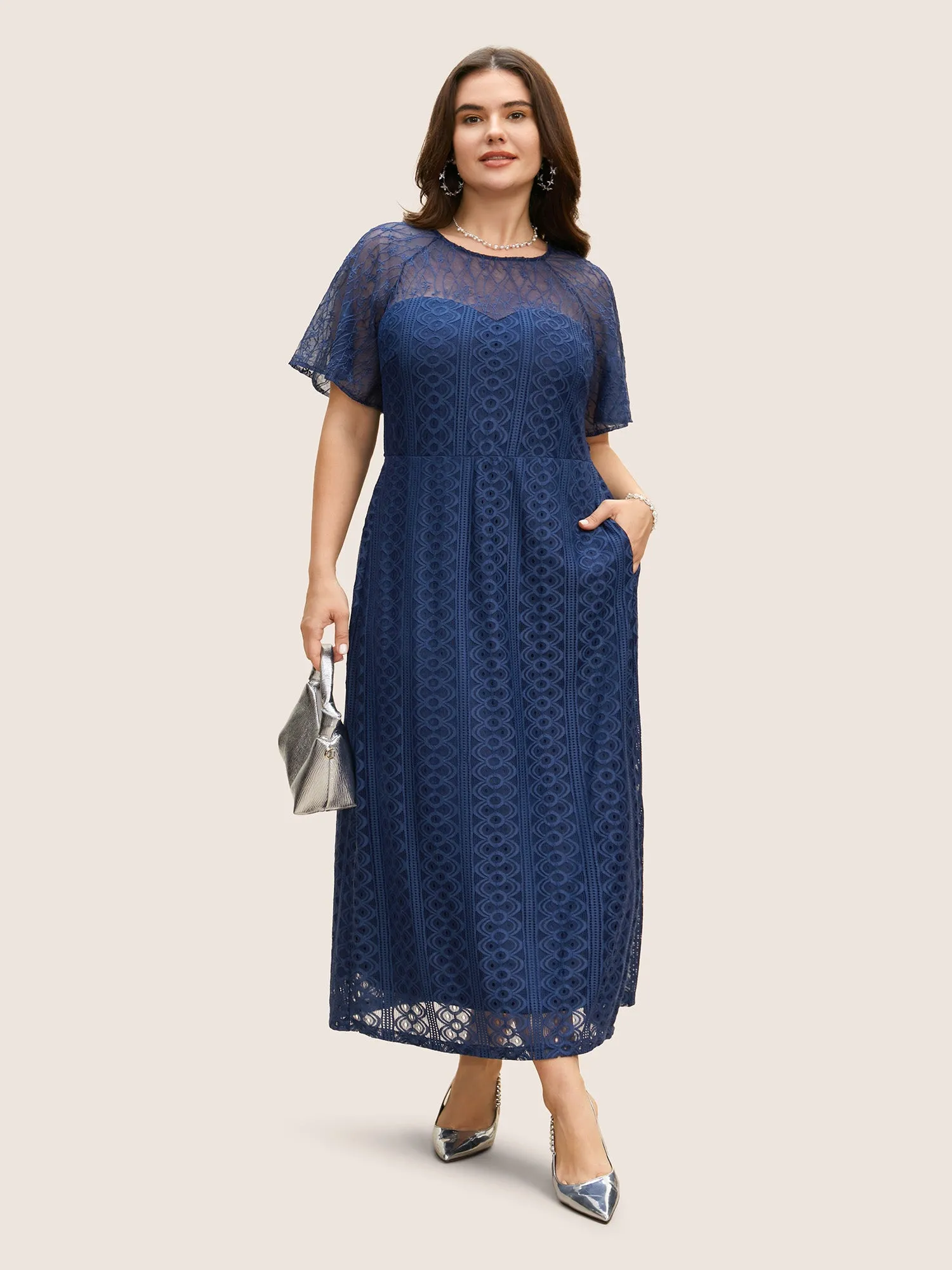 Crochet Lace Mesh Raglan Sleeve Maxi Dress sold by Bloomchic