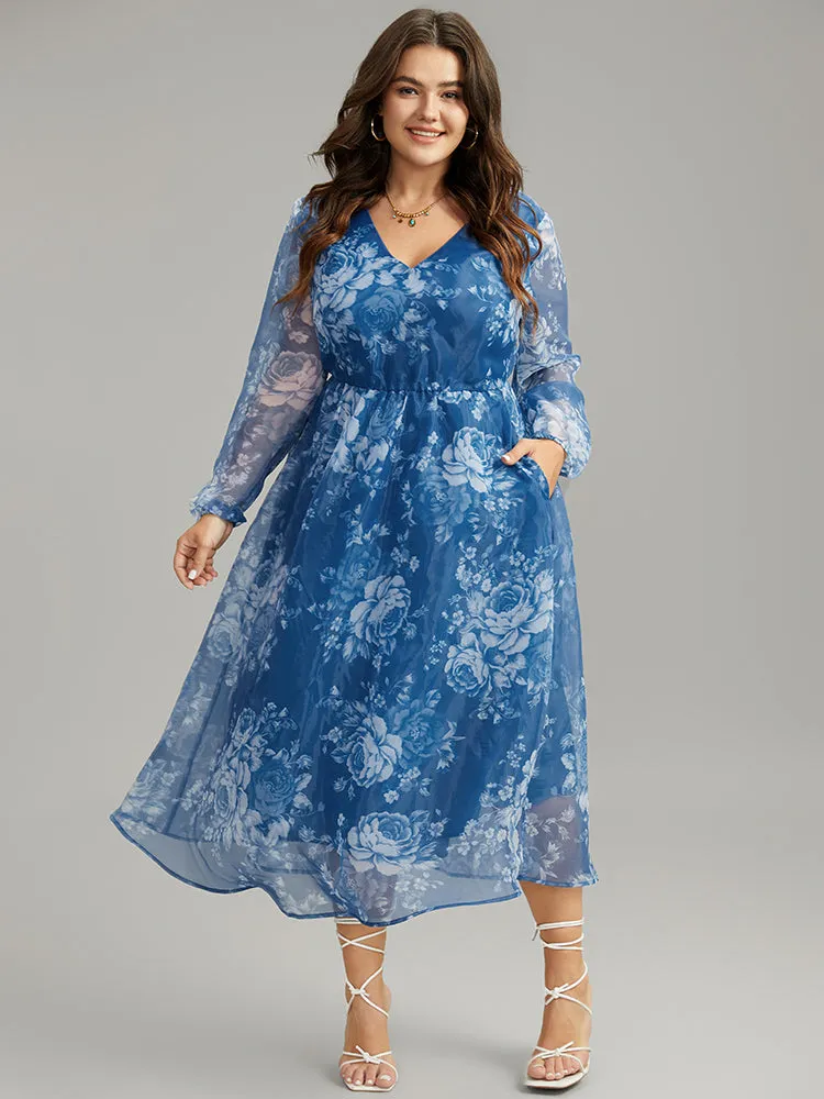 Silhouette Floral Print Elastic Cuffs Mesh Dress sold by Bloomchic