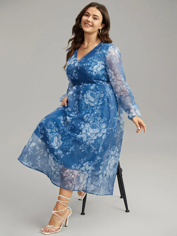 Silhouette Floral Print Elastic Cuffs Mesh Dress sold by Bloomchic product image thumbnail 5