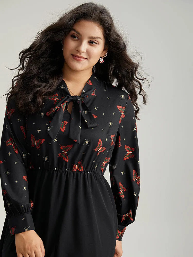 Christmas Butterfly Patchwork Tie Neck Dress sold by Bloomchic product image thumbnail 5