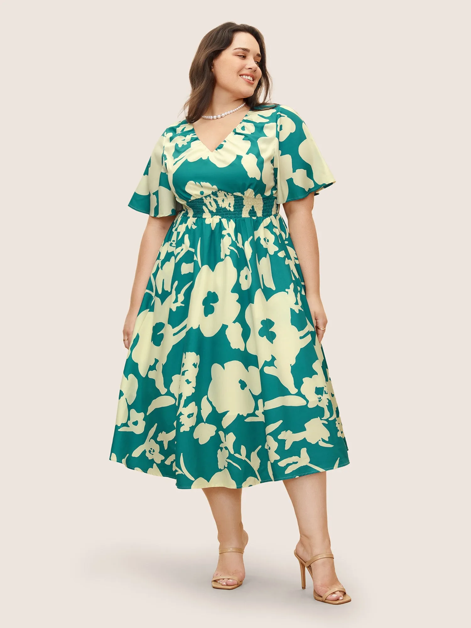 Silhouette Floral Print Shirred Flutter Sleeve Dress sold by Bloomchic product image thumbnail 2