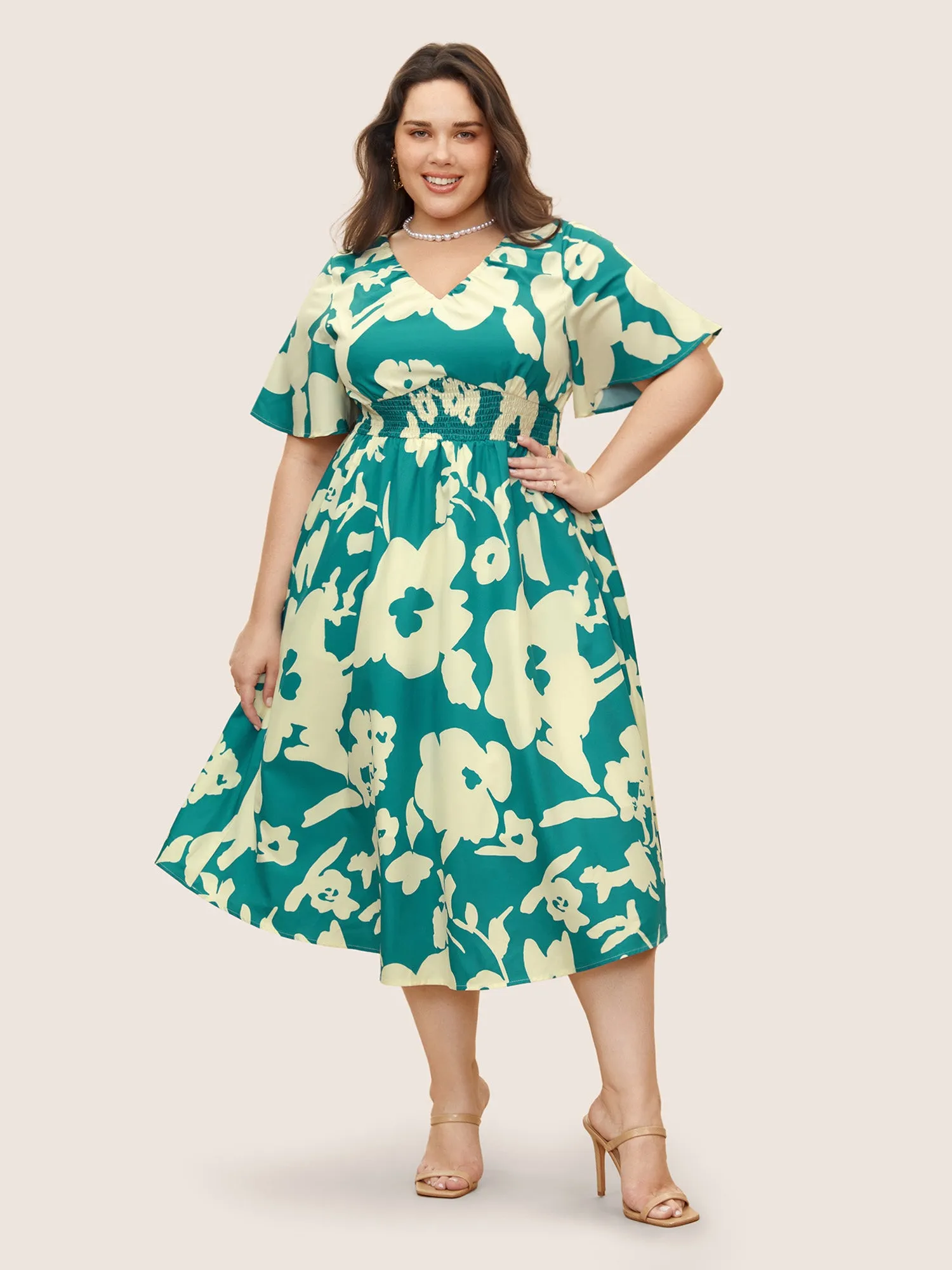 Silhouette Floral Print Shirred Flutter Sleeve Dress sold by Bloomchic