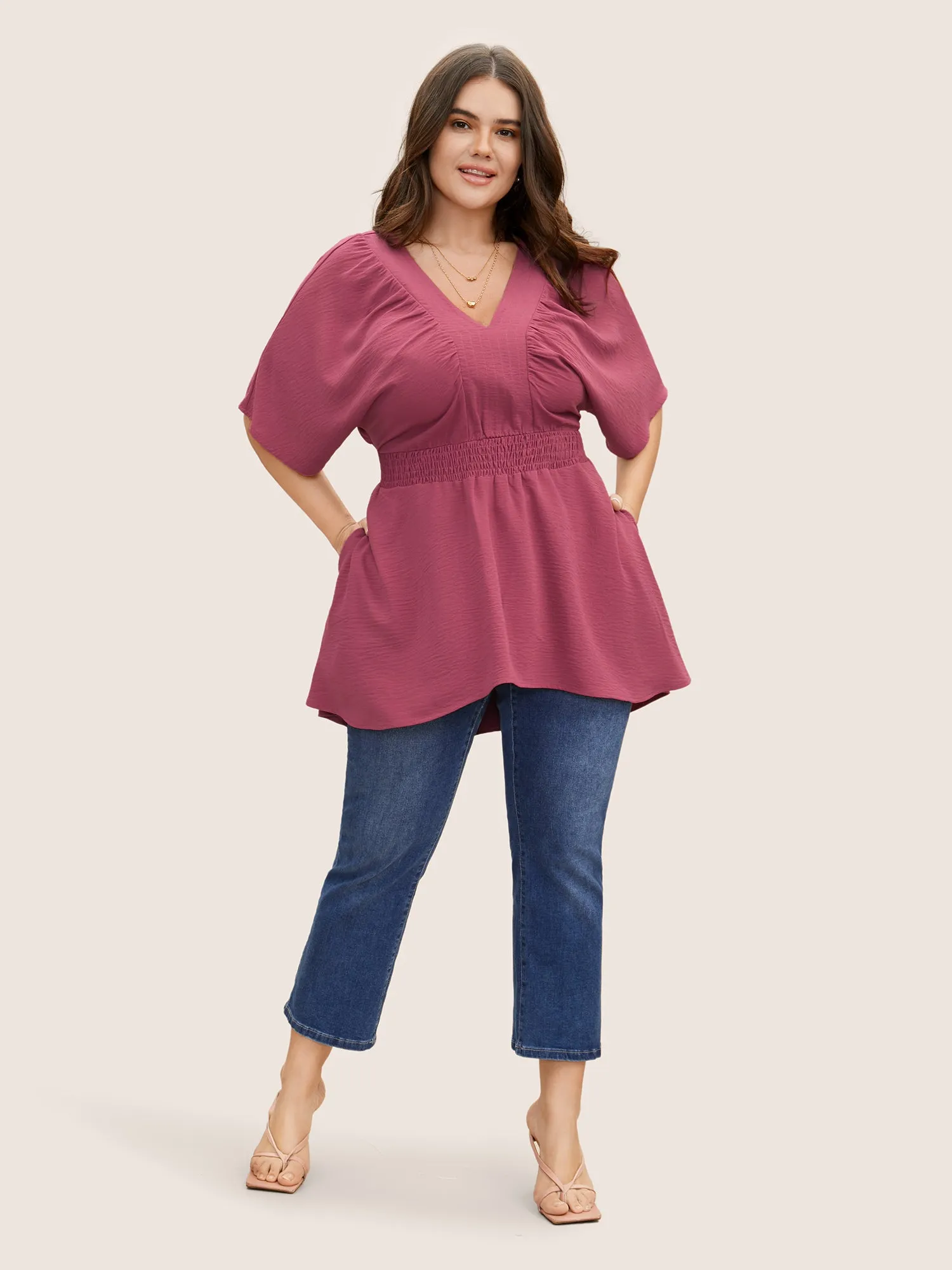 V Neck Plain Textured Shirred Pocket Blouse sold by Bloomchic product image thumbnail 2