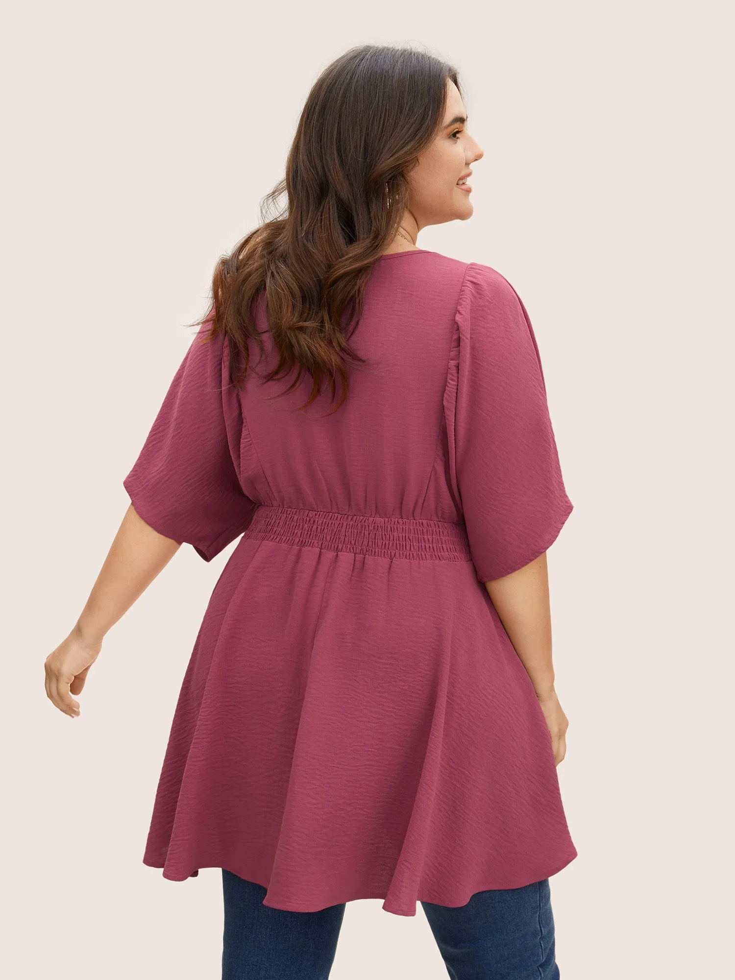 V Neck Plain Textured Shirred Pocket Blouse sold by Bloomchic product image thumbnail 4