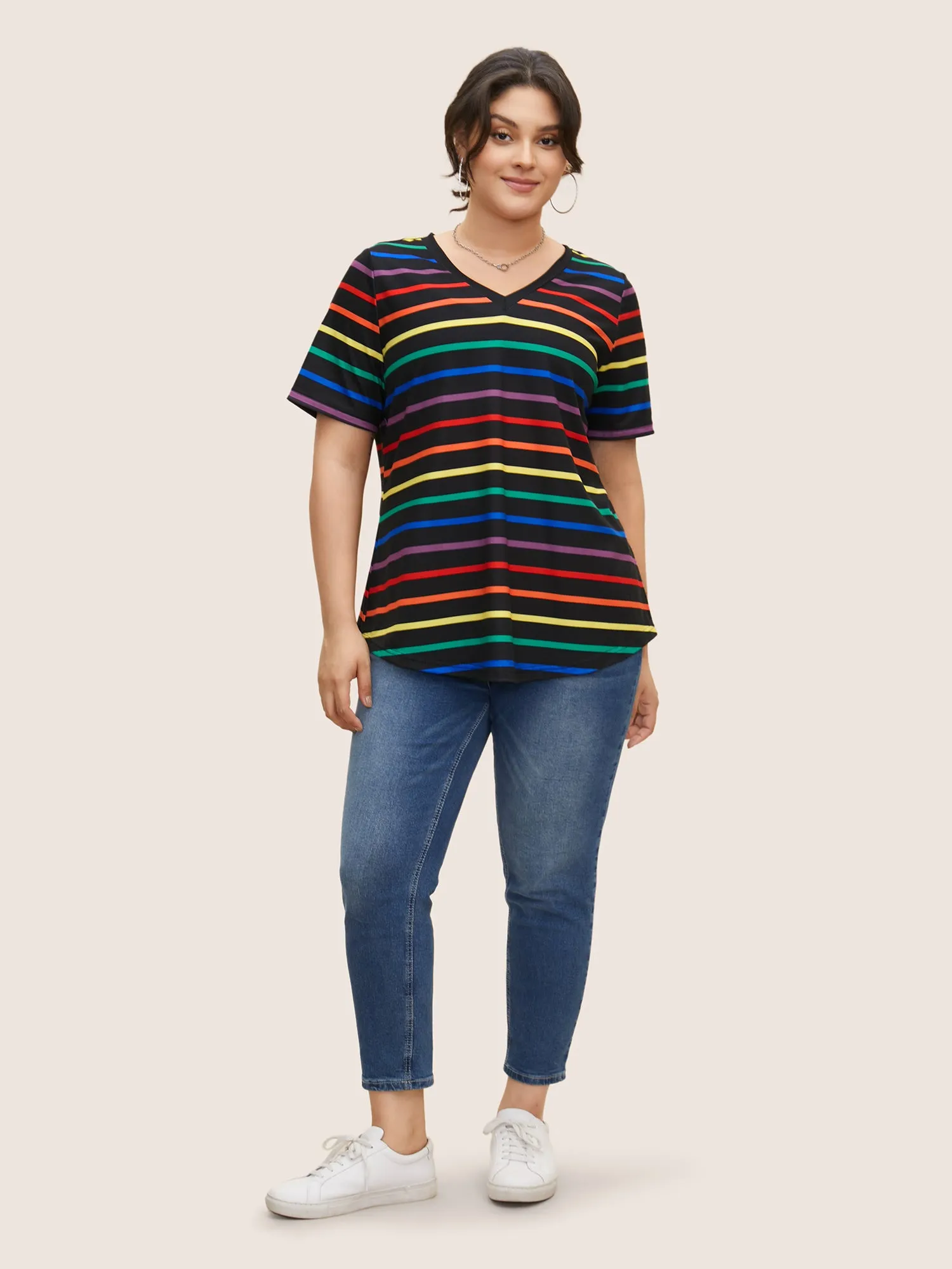 V Neck Contrast Striped Stretched T-shirt sold by Bloomchic product image thumbnail 3