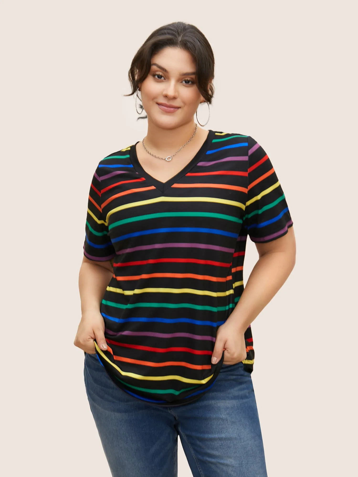 V Neck Contrast Striped Stretched T-shirt sold by Bloomchic product image thumbnail 4
