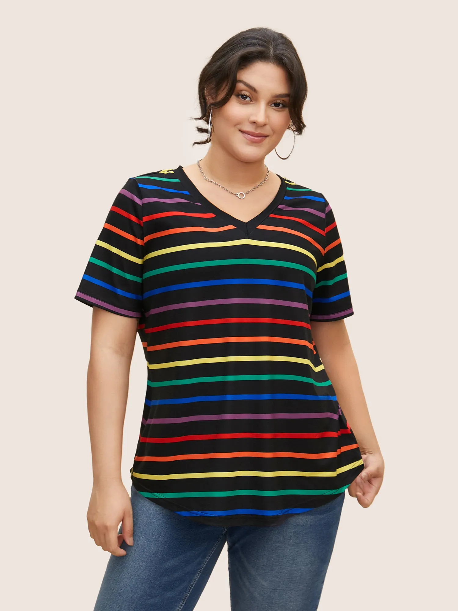 V Neck Contrast Striped Stretched T-shirt sold by Bloomchic