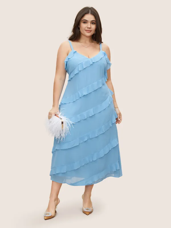V Neck Ruffle Trim Elastic Waist Cami Dress sold by Bloomchic