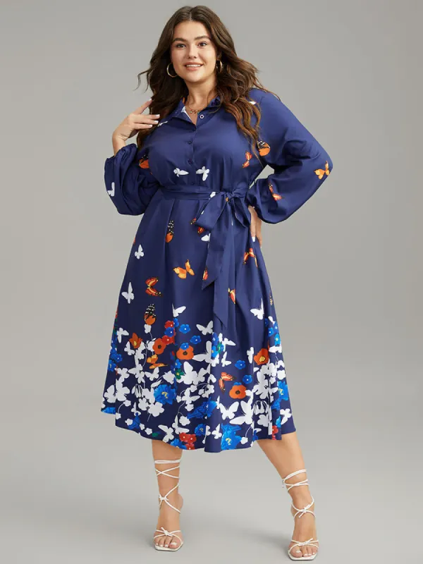 Butterfly Print Gathered Button Up Belted Dress sold by Bloomchic