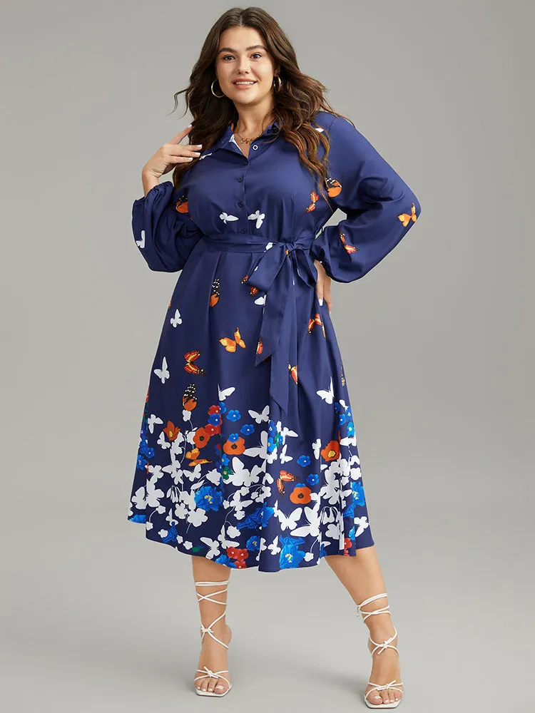 Butterfly Print Gathered Button Up Belted Dress sold by Bloomchic