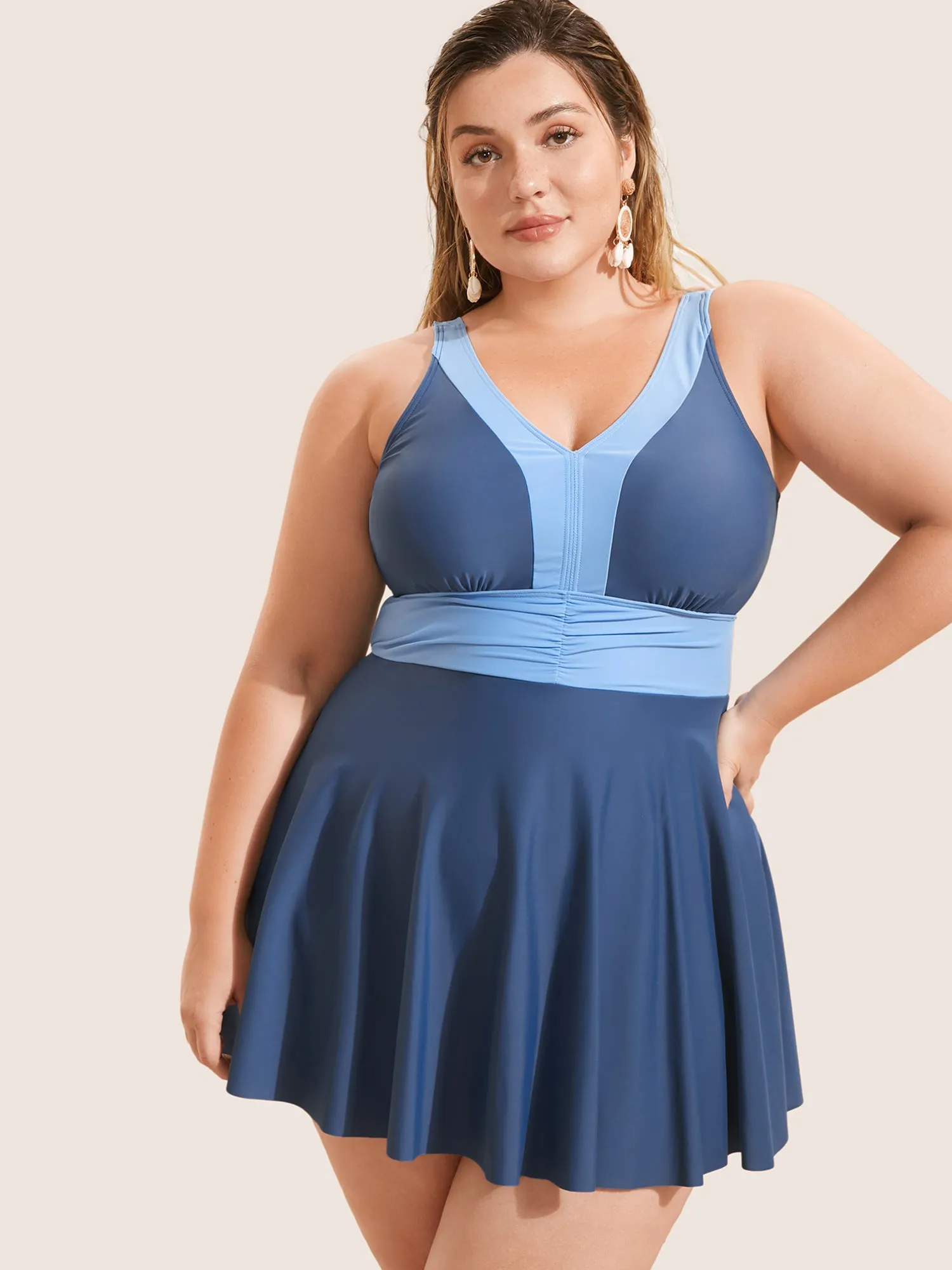 Two Tone Patchwork Gathered Swim Dress sold by Bloomchic