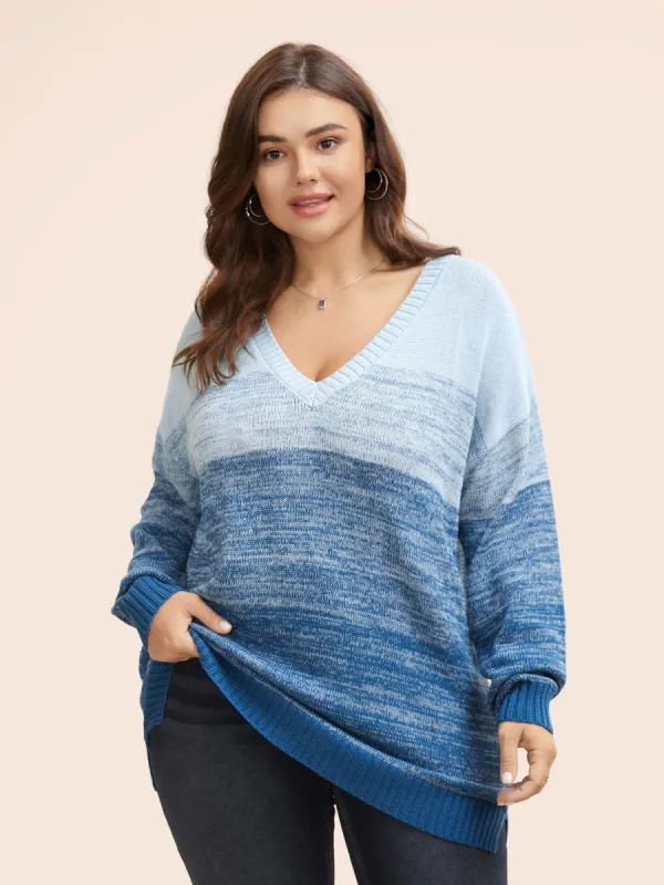Cotton V Neck Ombre Split Hem Pullover sold by Bloomchic