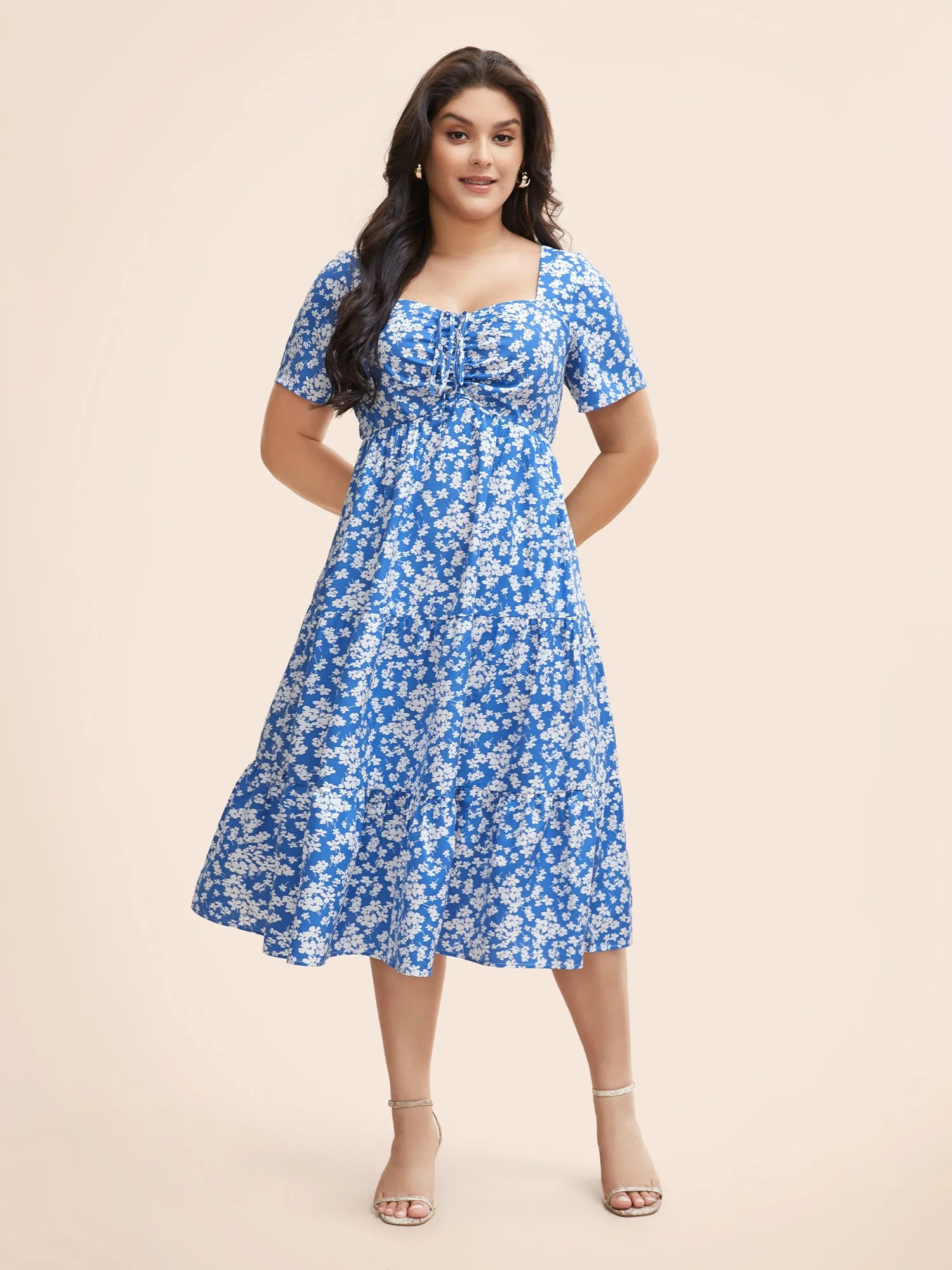 Ditsy Floral Heart Neckline Drawstring Dress sold by Bloomchic