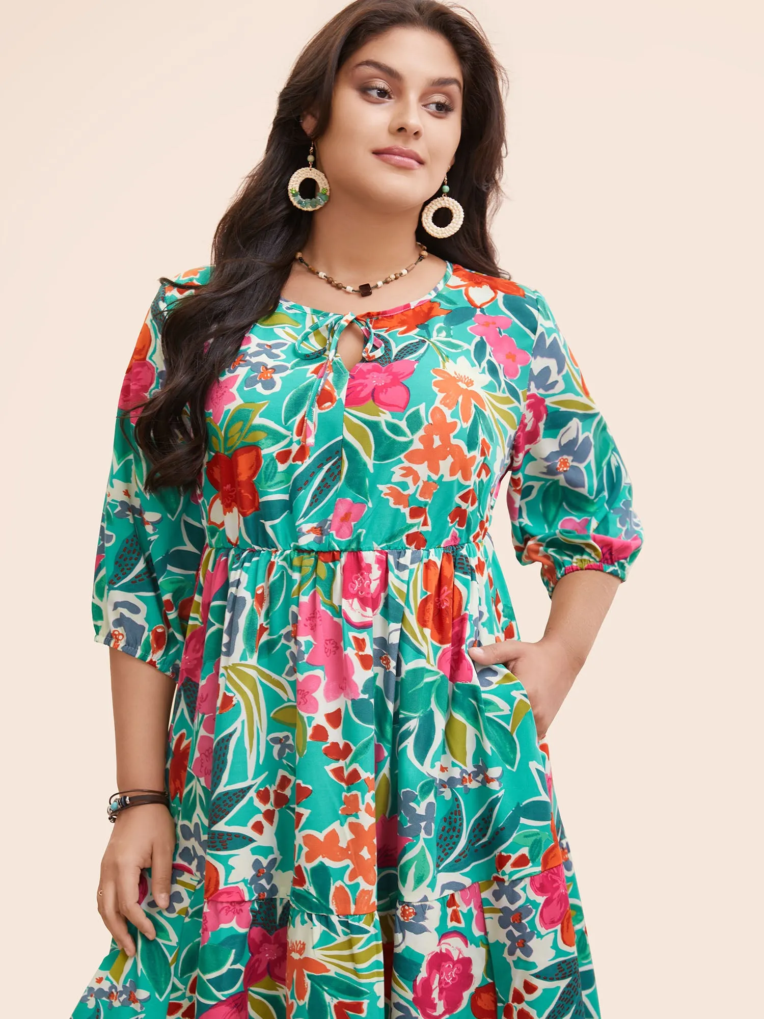 Floral Tie Knot Gathered Ruffle Hem Dress sold by Bloomchic product image thumbnail 4