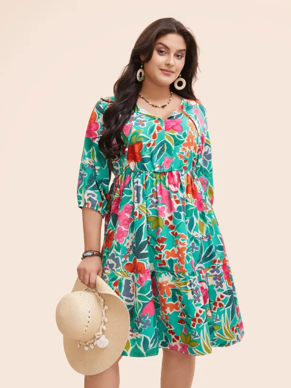 Floral Tie Knot Gathered Ruffle Hem Dress sold by Bloomchic