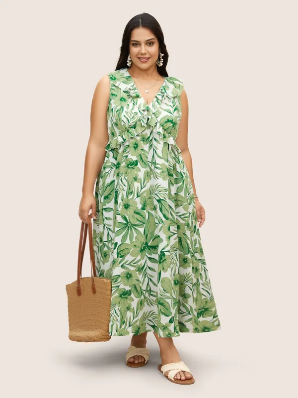 Tropical Leafy Print Wide Collar Ruffles Dress sold by Bloomchic