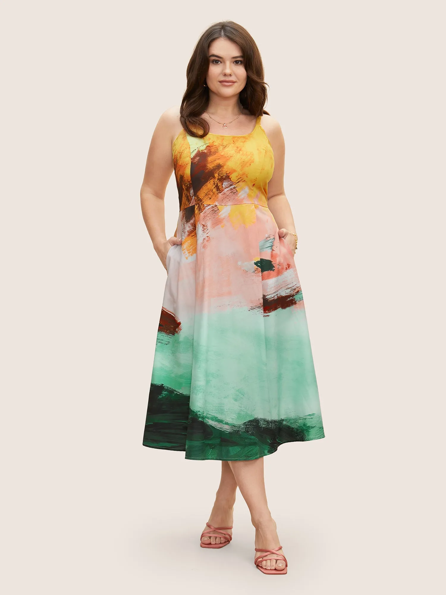 Contrast Brush Print Sleeveless Midi Dress sold by Bloomchic