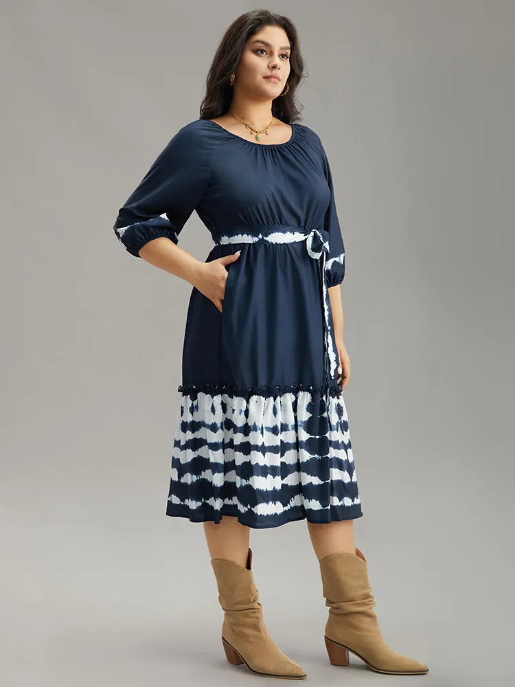 Tie Dye Gathered Belted Lantern Sleeve Dress sold by Bloomchic product image thumbnail 3