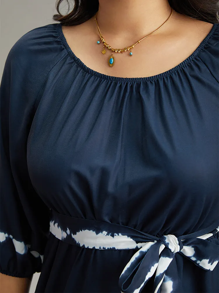 Tie Dye Gathered Belted Lantern Sleeve Dress sold by Bloomchic product image thumbnail 4