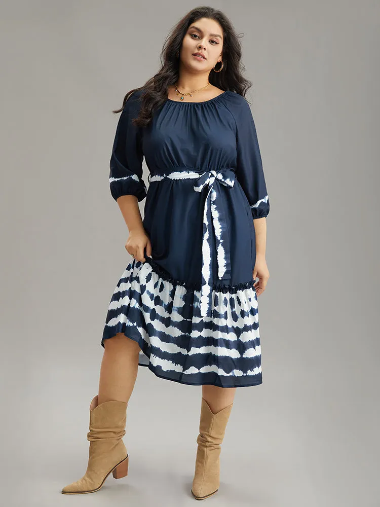 Tie Dye Gathered Belted Lantern Sleeve Dress sold by Bloomchic