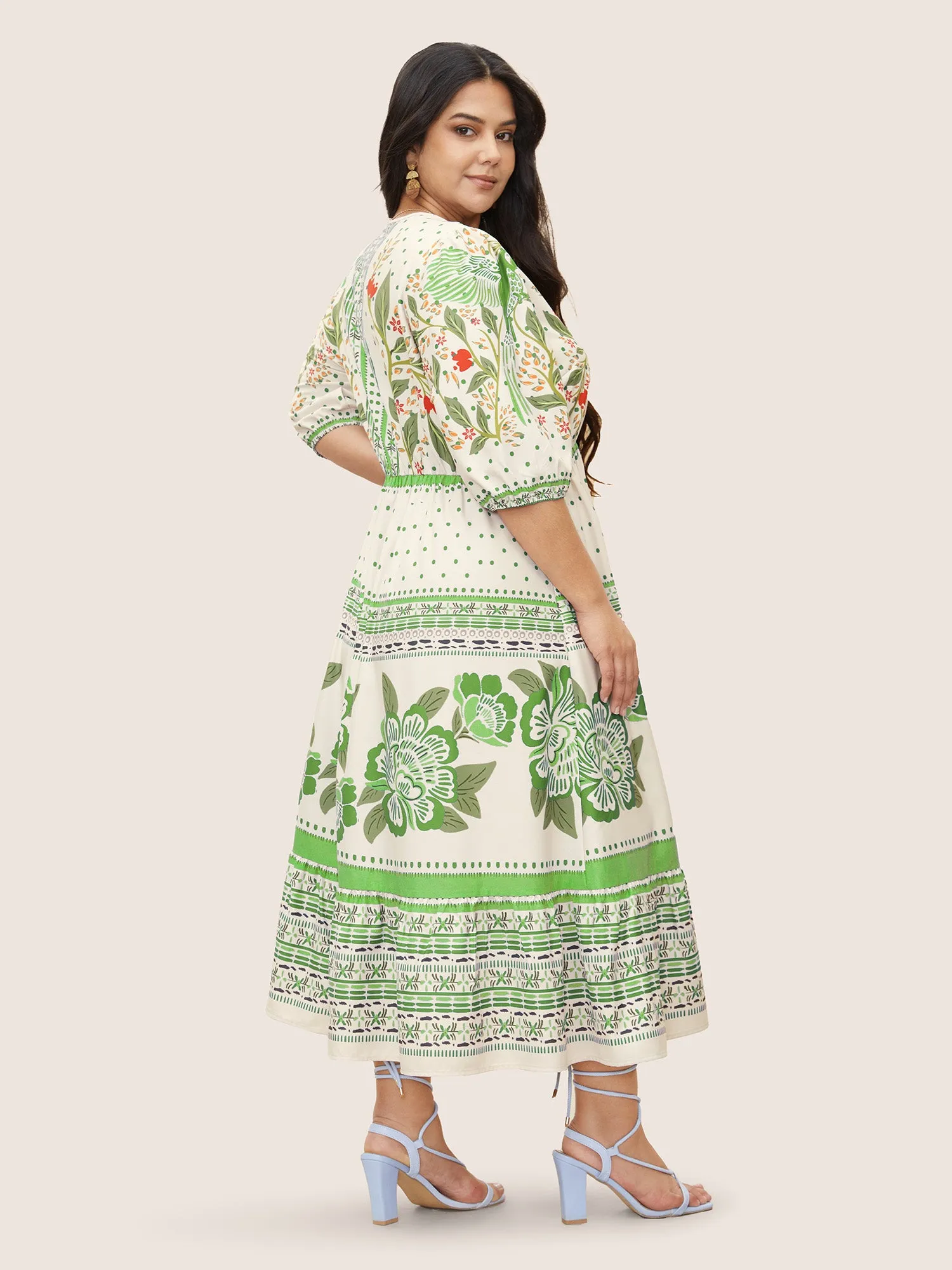 V Neck Floral Print Elastic Waist Lantern Sleeve Dress sold by Bloomchic product image thumbnail 3