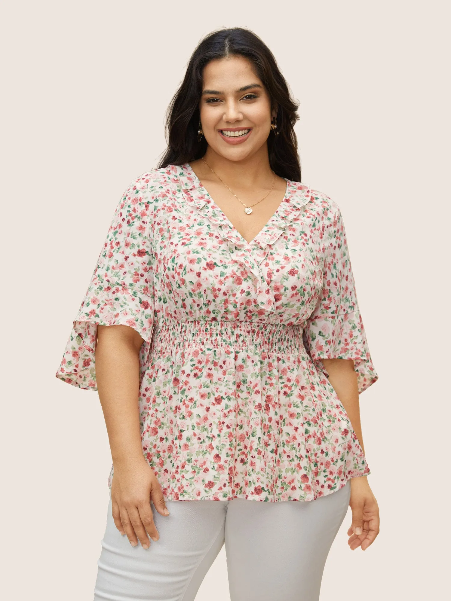 Ditsy Floral Overlap Collar Ruffles Shirred Blouse sold by Bloomchic