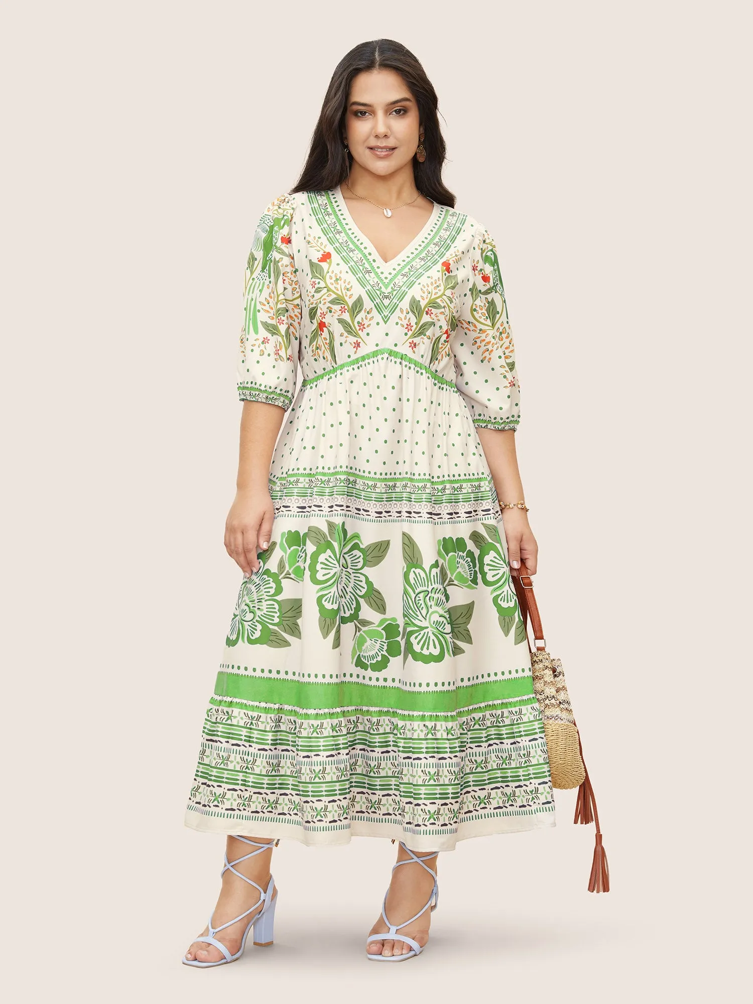 V Neck Floral Print Elastic Waist Lantern Sleeve Dress sold by Bloomchic product image thumbnail 2