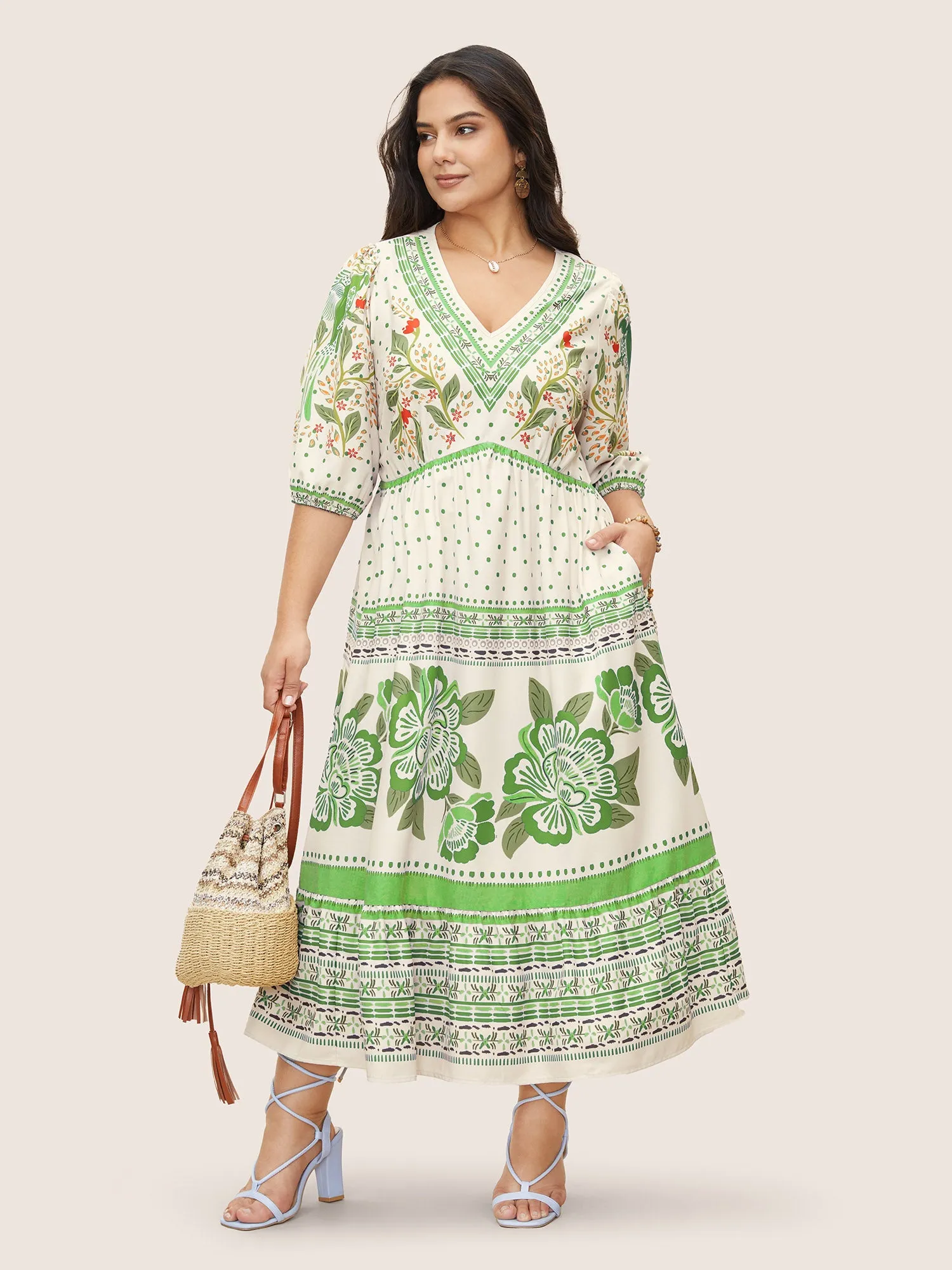 V Neck Floral Print Elastic Waist Lantern Sleeve Dress sold by Bloomchic