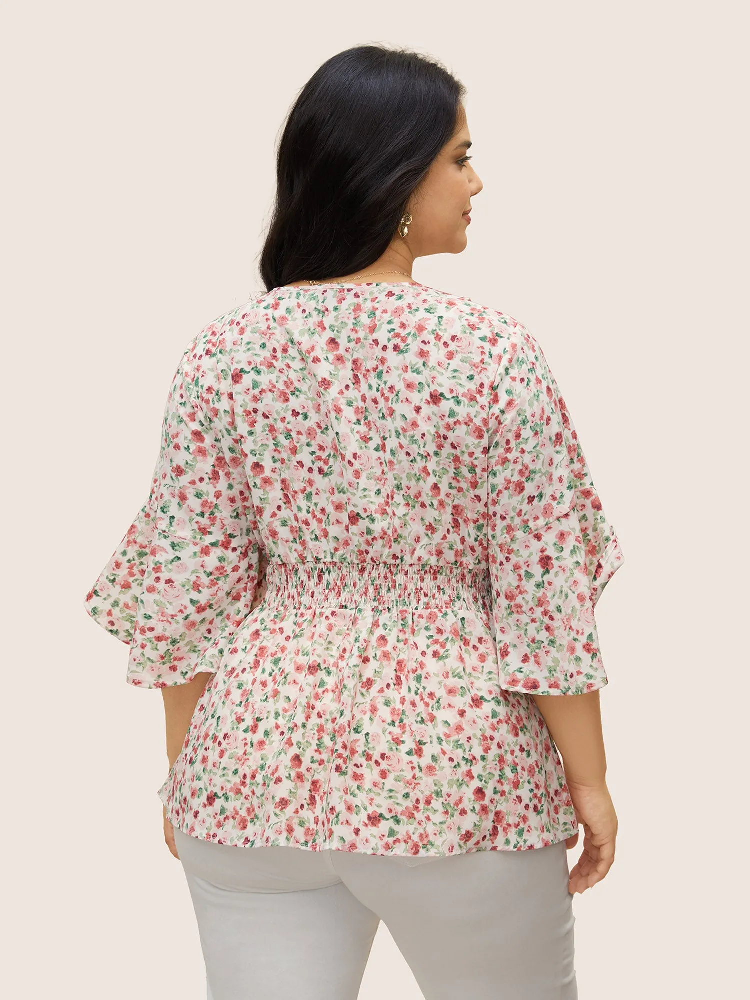 Ditsy Floral Overlap Collar Ruffles Shirred Blouse sold by Bloomchic product image thumbnail 4
