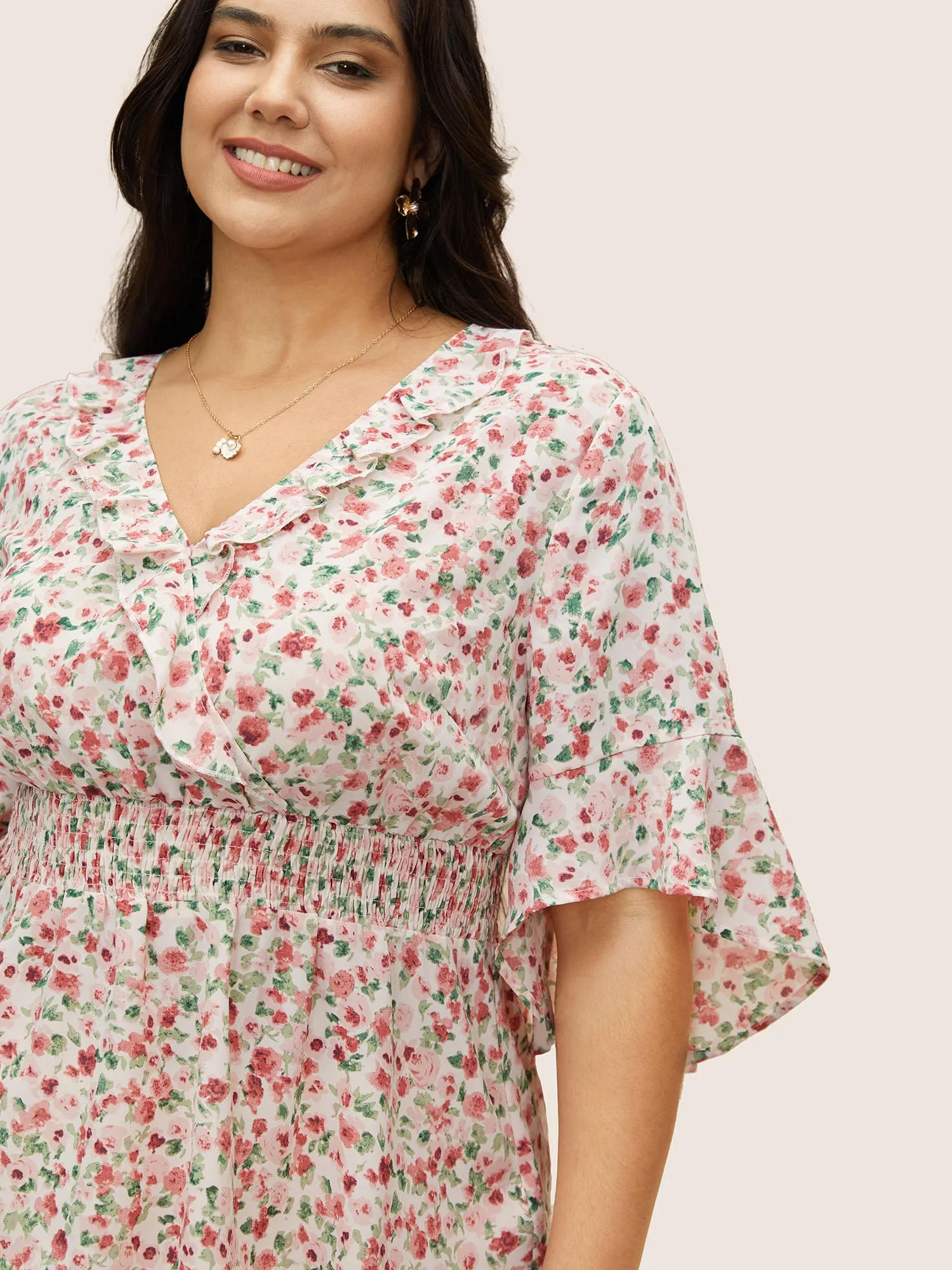 Ditsy Floral Overlap Collar Ruffles Shirred Blouse sold by Bloomchic product image thumbnail 3