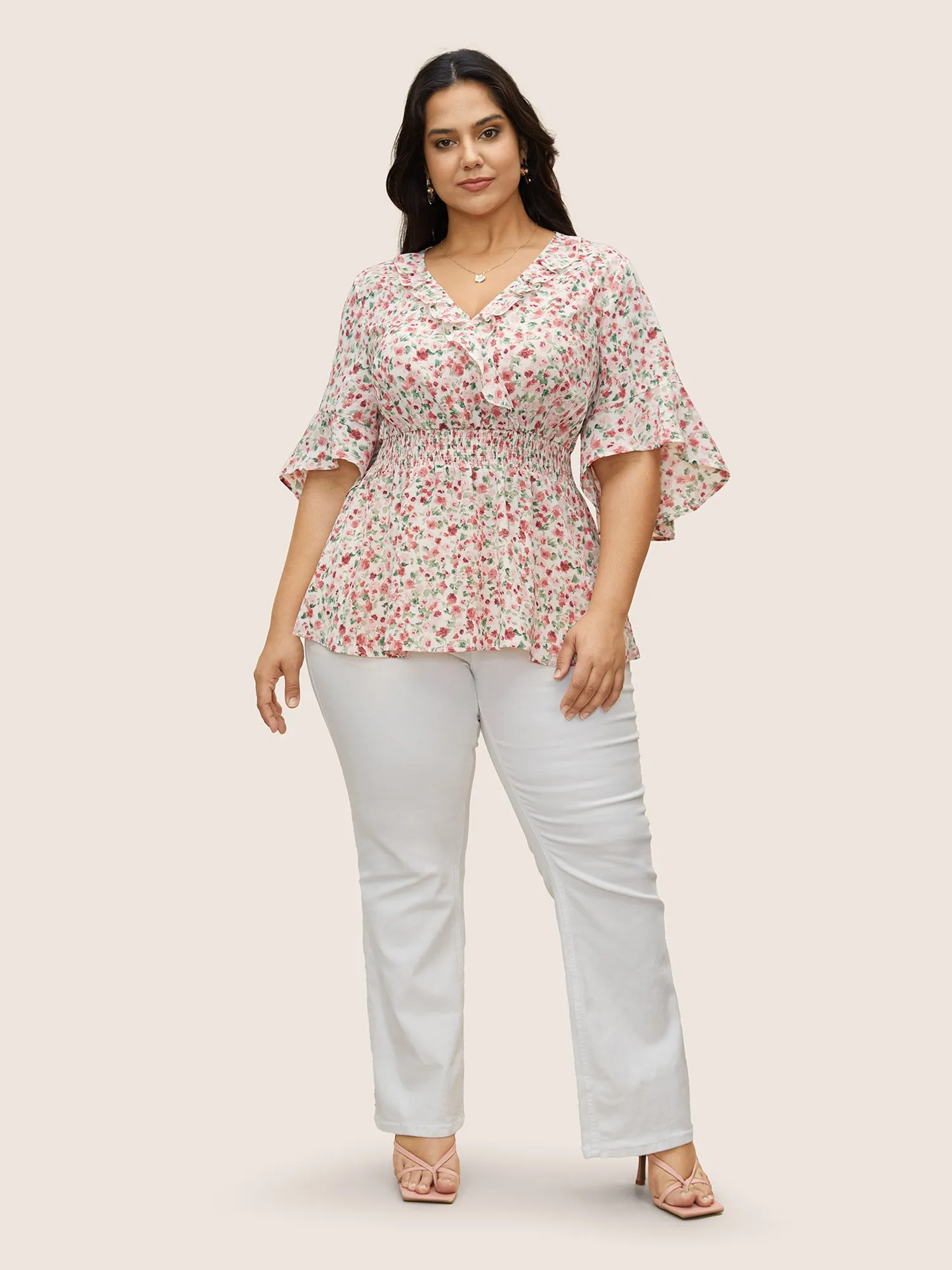 Ditsy Floral Overlap Collar Ruffles Shirred Blouse sold by Bloomchic product image thumbnail 2