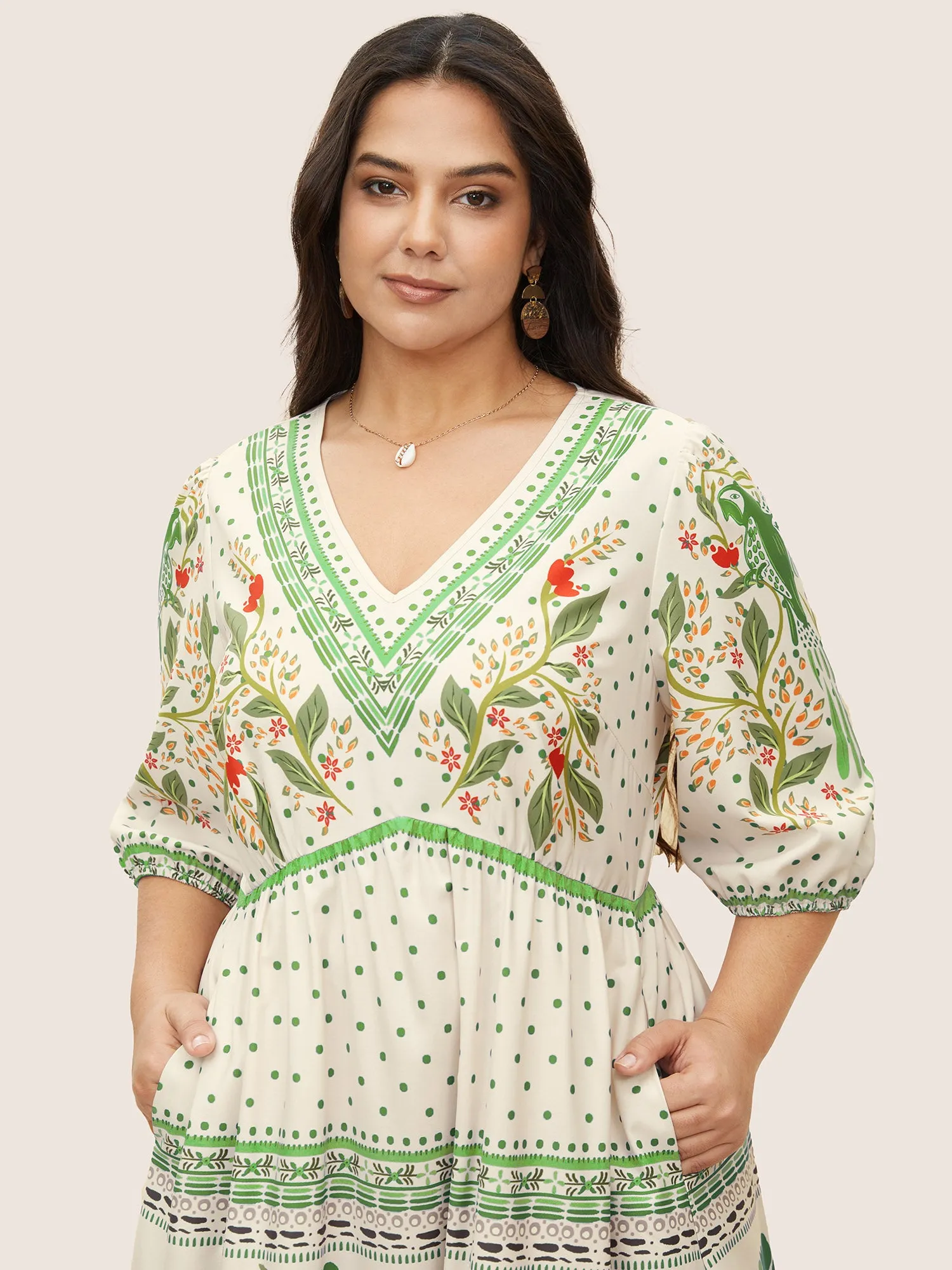 V Neck Floral Print Elastic Waist Lantern Sleeve Dress sold by Bloomchic product image thumbnail 4