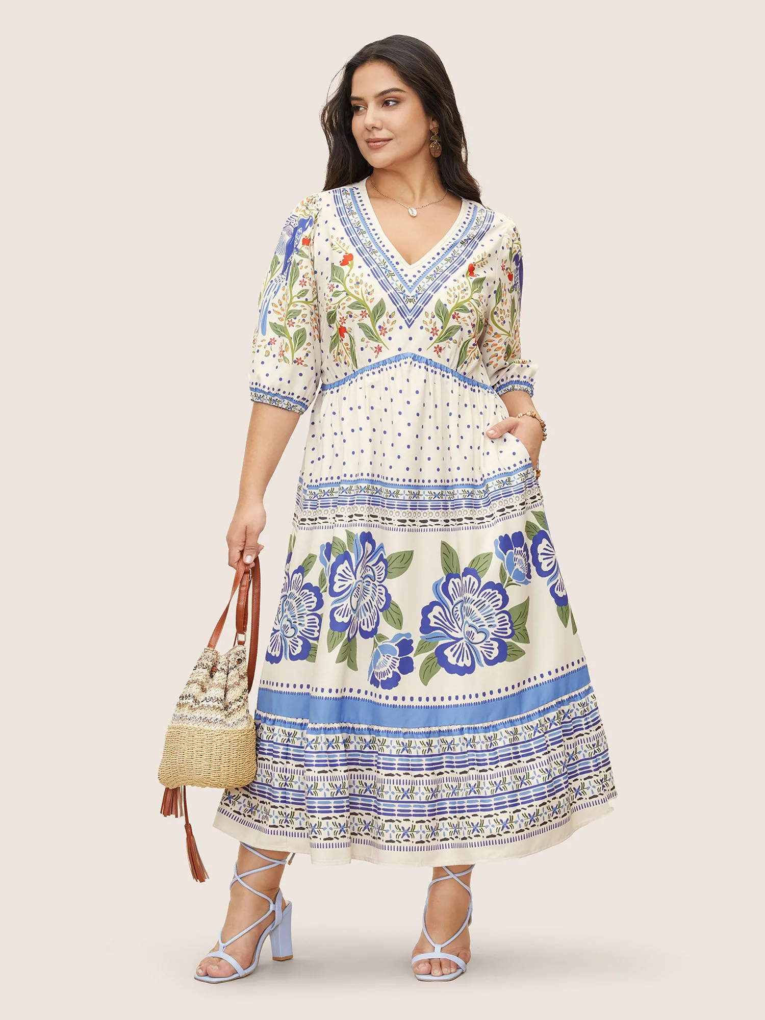 V Neck Floral Print Elastic Waist Lantern Sleeve Dress sold by Bloomchic product image thumbnail 5