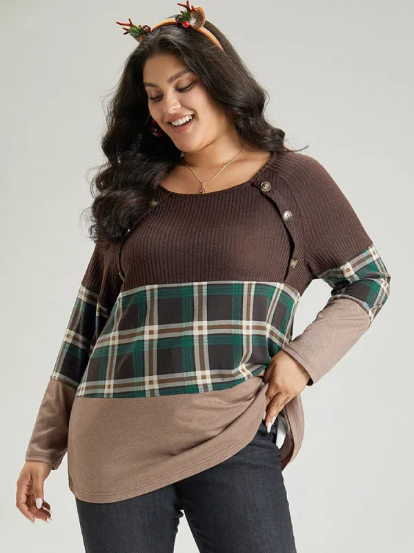 Colorblock Plaid Patchwork Button Detail T-shirt sold by Bloomchic