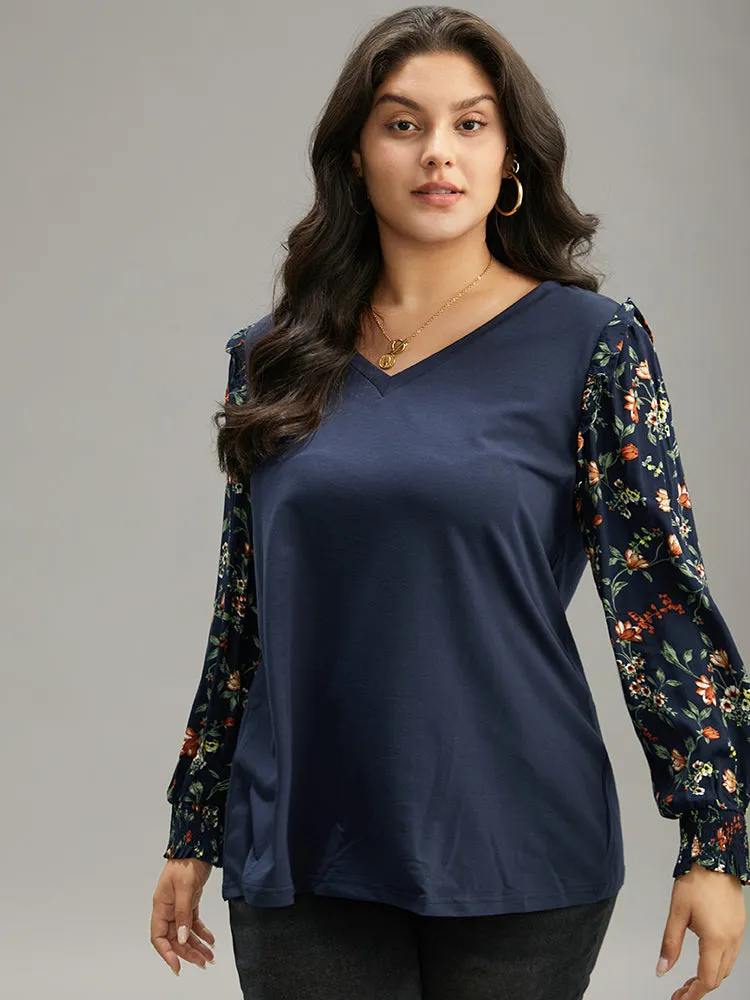 Plants Print Patchwork Shirred Frill Trim T-shirt sold by Bloomchic