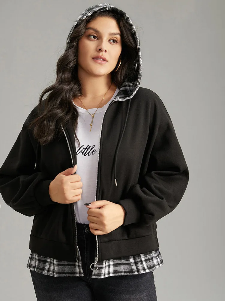 Plaid Patchwork O Ring Zipper Hooded Drawstring Jacket sold by Bloomchic product image thumbnail 5