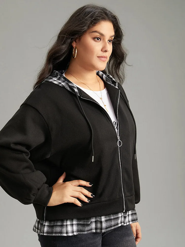 Plaid Patchwork O Ring Zipper Hooded Drawstring Jacket sold by Bloomchic product image thumbnail 3