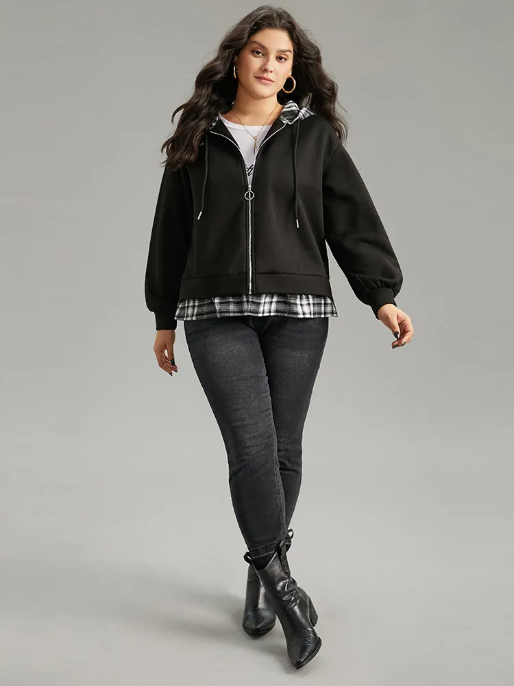 Plaid Patchwork O Ring Zipper Hooded Drawstring Jacket sold by Bloomchic product image thumbnail 4