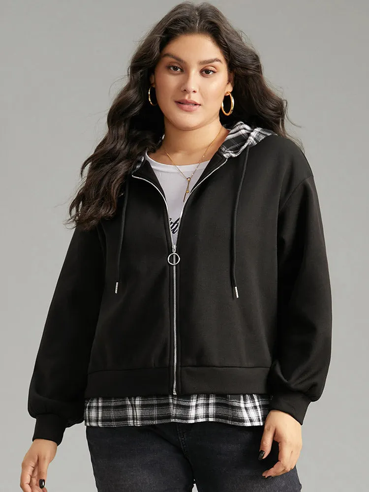 Plaid Patchwork O Ring Zipper Hooded Drawstring Jacket sold by Bloomchic