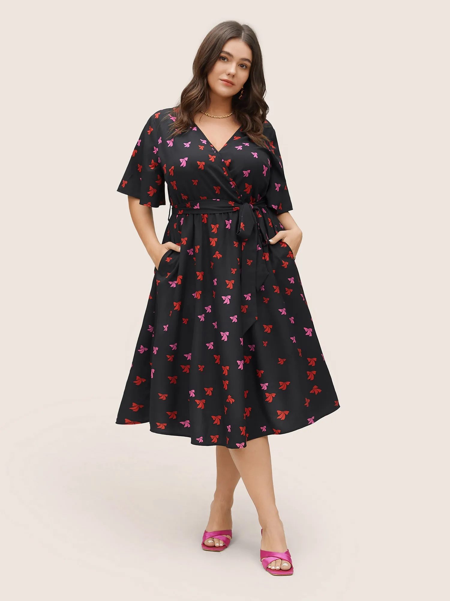 Bowknot Overlap Collar Pocket Belted Dress sold by Bloomchic