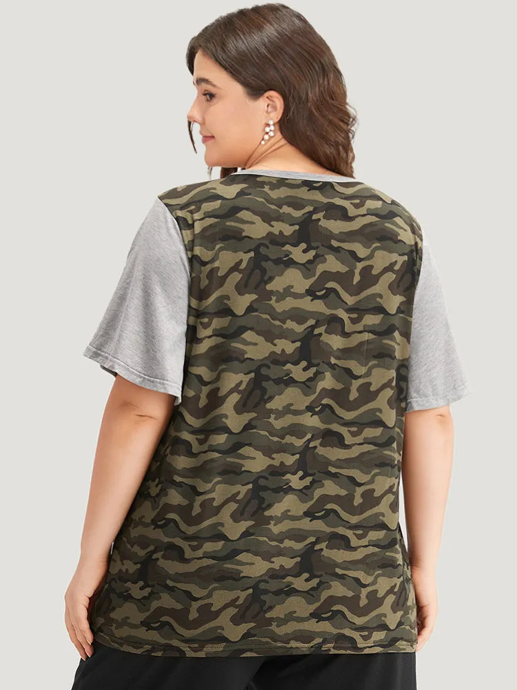 Camo Patchwork Round Neck Ruffle Sleeve T-shirt sold by Bloomchic product image thumbnail 4