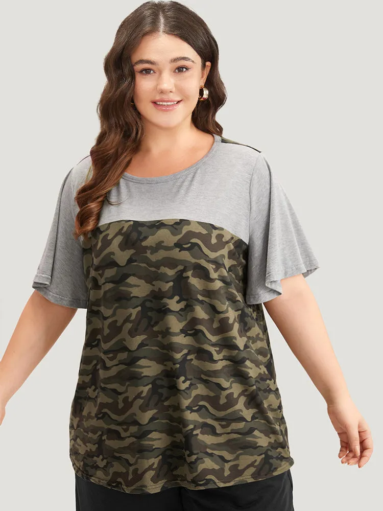 Camo Patchwork Round Neck Ruffle Sleeve T-shirt sold by Bloomchic