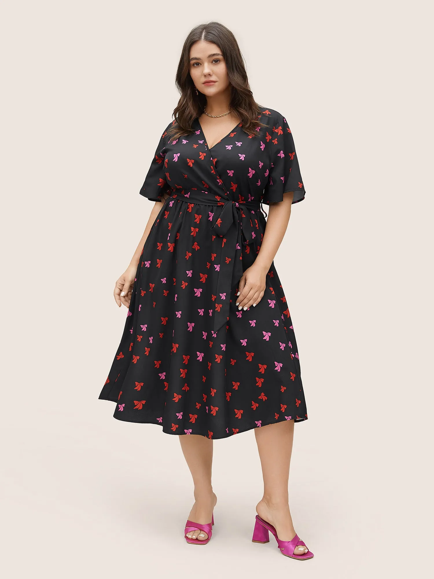 Bowknot Overlap Collar Pocket Belted Dress sold by Bloomchic product image thumbnail 2