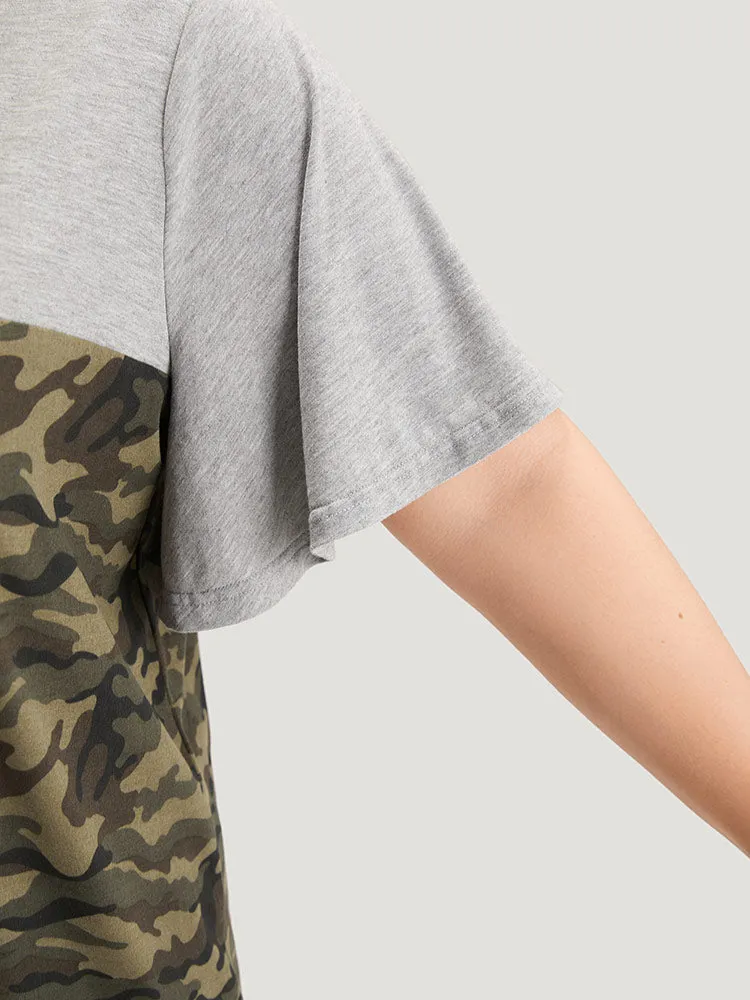 Camo Patchwork Round Neck Ruffle Sleeve T-shirt sold by Bloomchic product image thumbnail 5